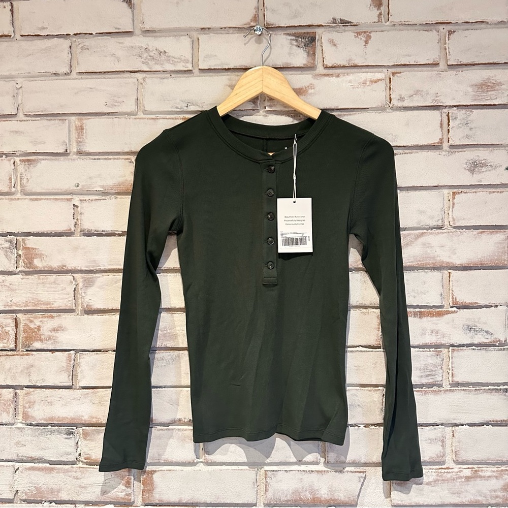 Everlane Luxe Rib Cotton Green Henley Top NEW